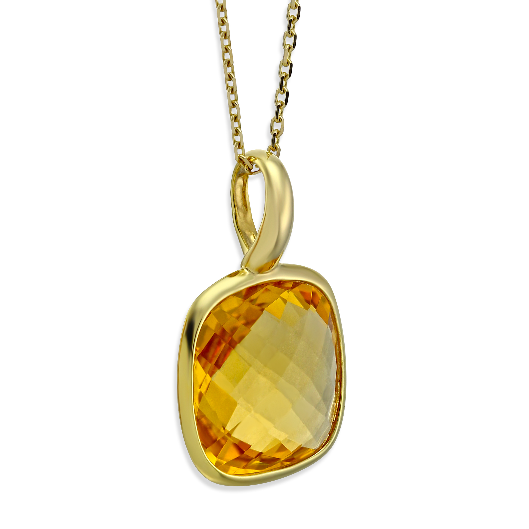 14K Yellow Gold Checkerboard Cushion Citrine Pendant, 18