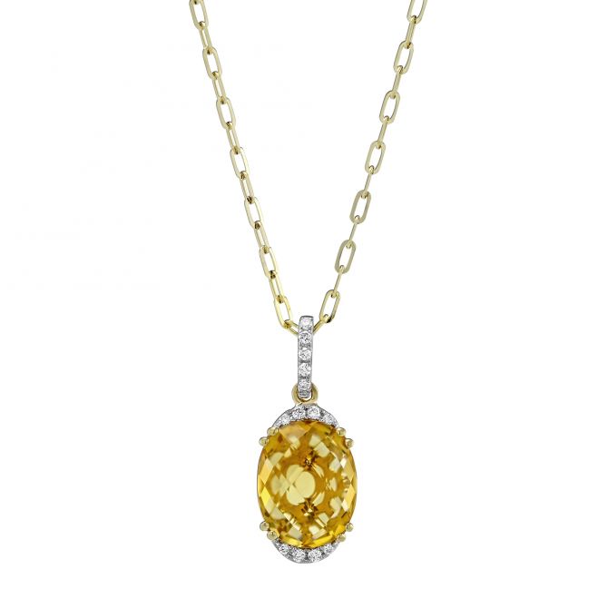 14K Yellow Gold Oval Checkerboard Citrine & Diamond Pendant, 18"