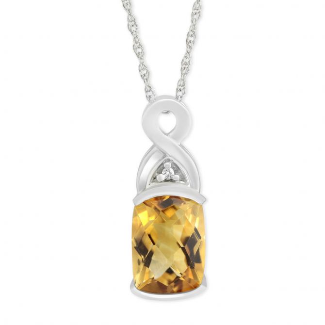 14K White Gold Checkerboard Citrine & Diamond Pendant