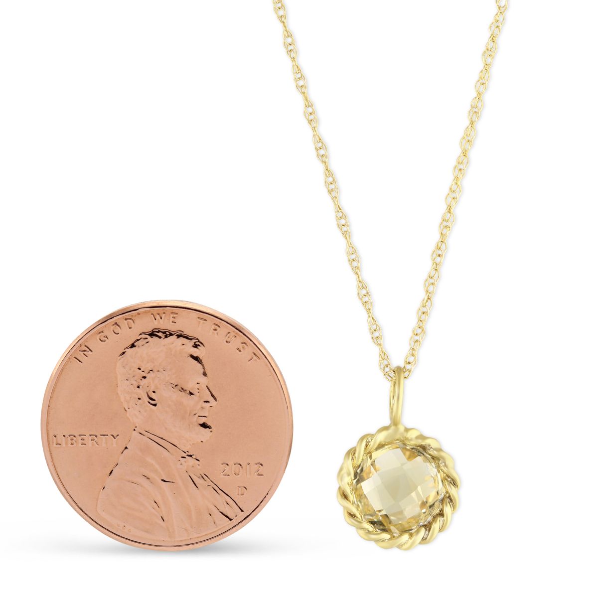 14K Yellow Gold Round Checkerboard Citrine Twisted Bezel Pendant, 18