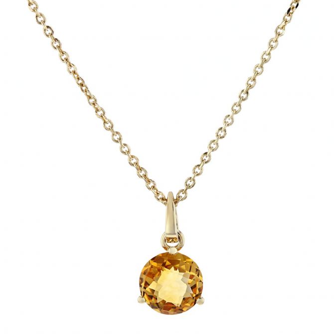 14K Yellow Gold Round Citrine Solitaire Pendant, 18"