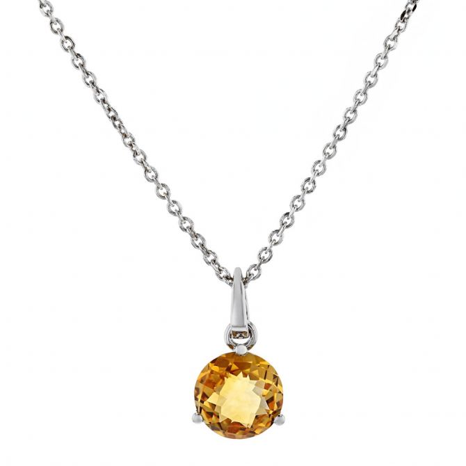 Round Citrine Solitaire Pendant in White Gold, 18"