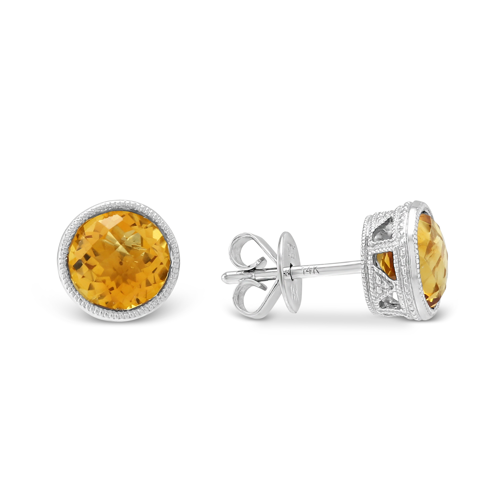 14K White Gold Round Checkerboard Citrine Bezel Set Earrings