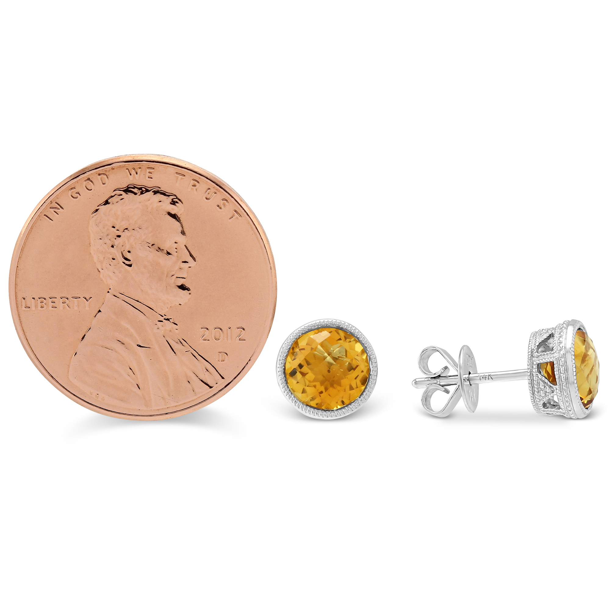 14K White Gold Round Checkerboard Citrine Bezel Set Earrings