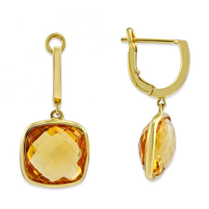 14K Yellow Gold Checkerboard Cushion Bezel Set Citrine Drop Earrings
