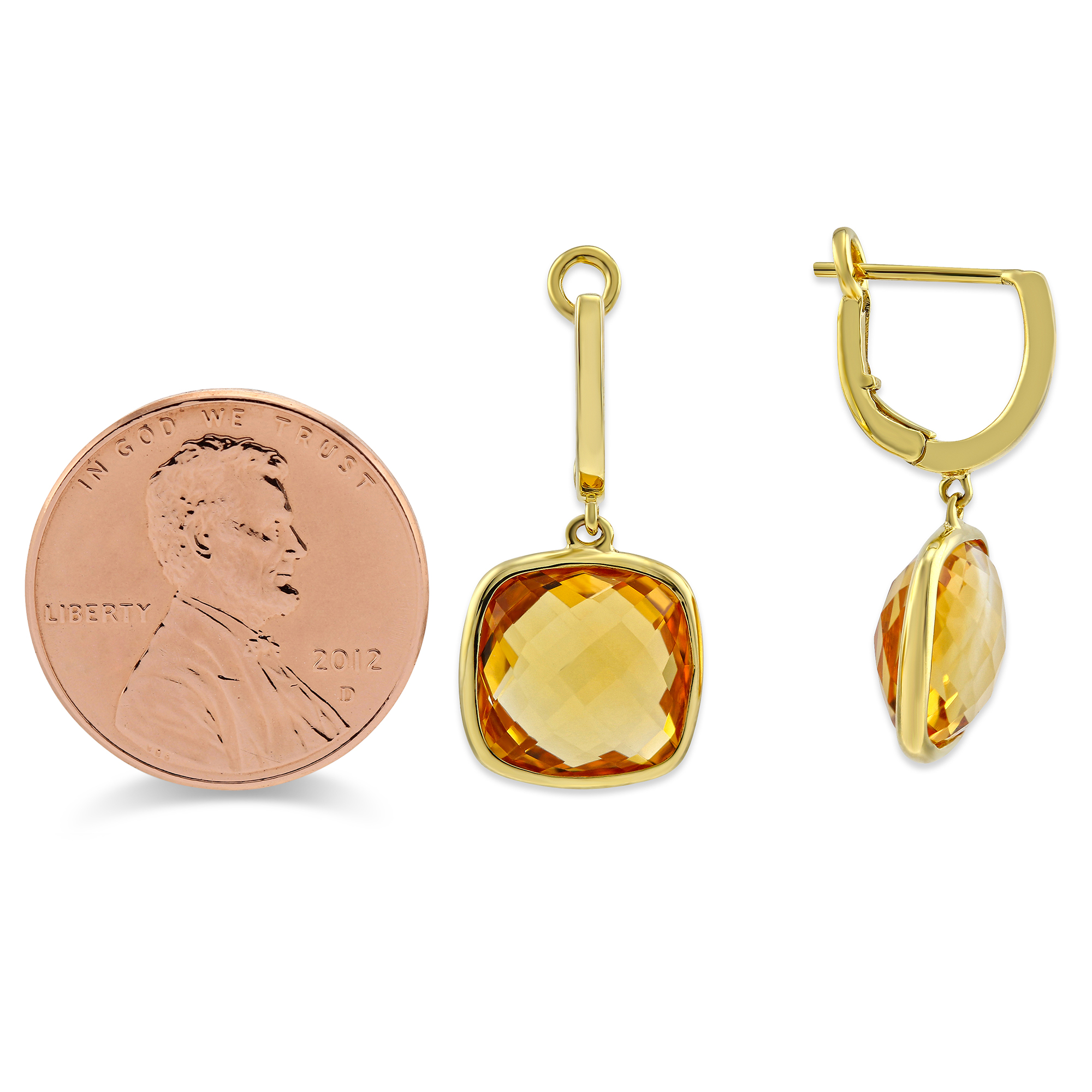 14K Yellow Gold Checkerboard Cushion Bezel Set Citrine Drop Earrings