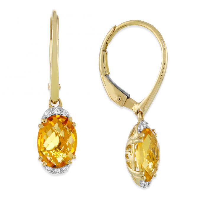 14K Yellow Gold Checkerboard Oval Citrine & Diamond Drop Earrings
