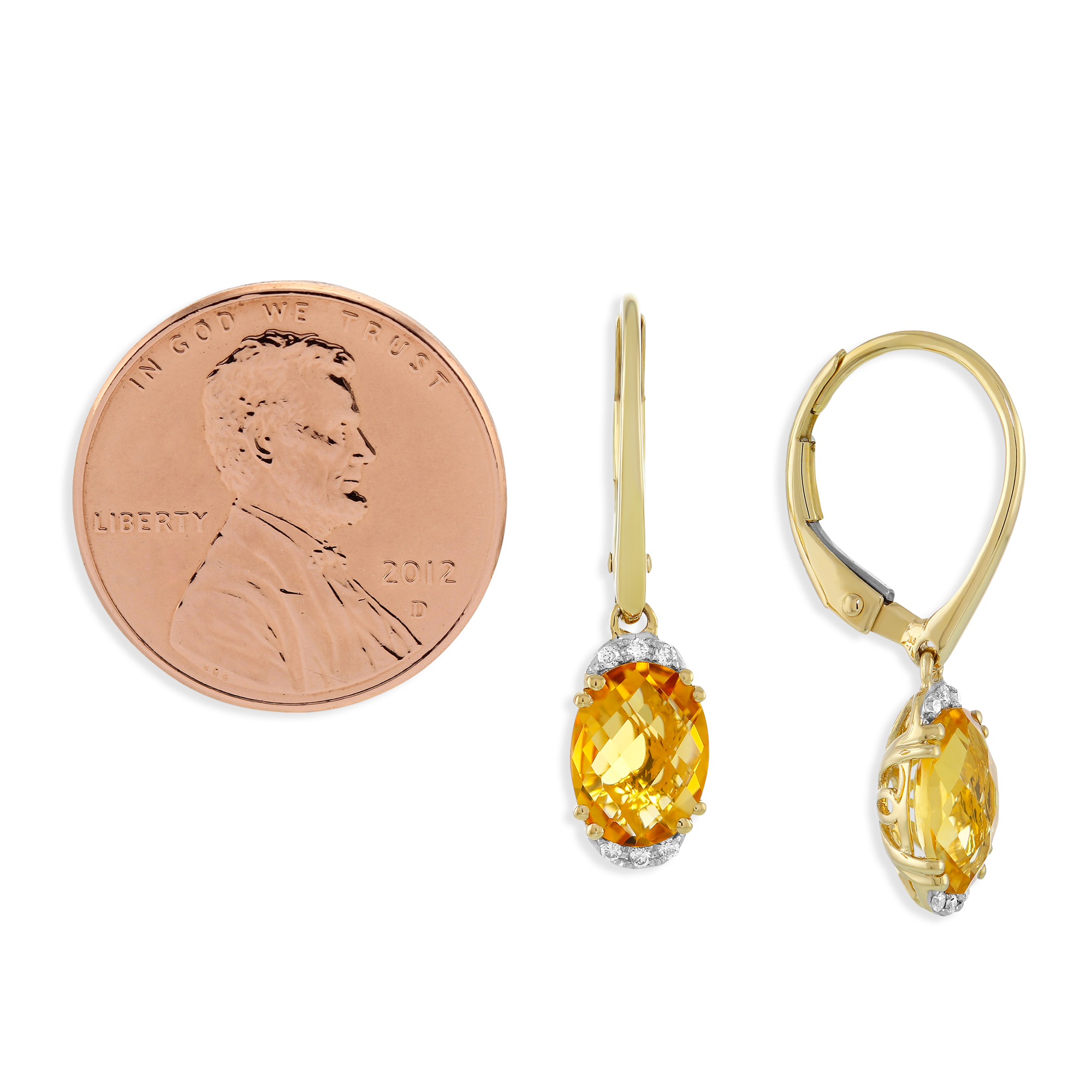14K Yellow Gold Checkerboard Oval Citrine & Diamond Drop Earrings