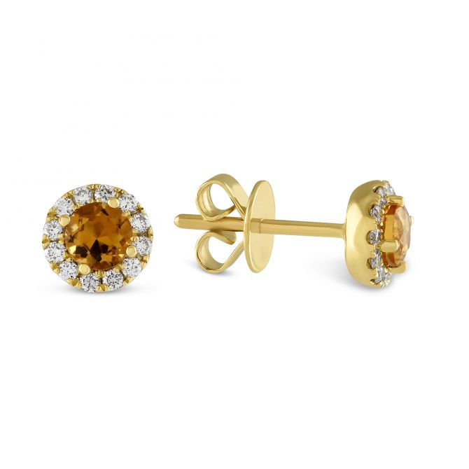 14K Yellow Gold Citrine & Diamond Halo Earrings
