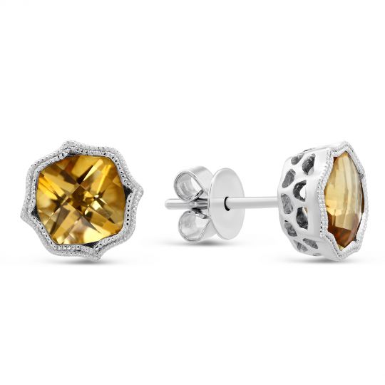 14k White Gold Cushion Citrine Earrings With Double Milgrain 14k White Gold Cushion Citrine Earrings With Double Milgrain