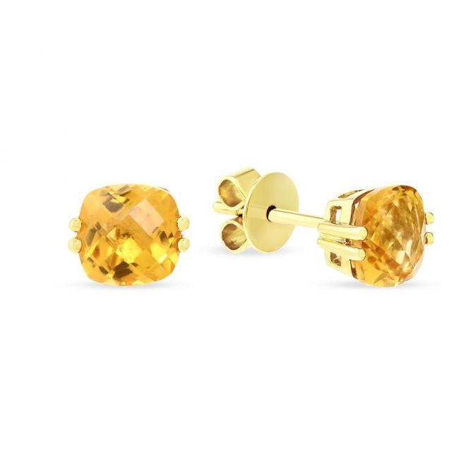 Checkerboard Cushion Citrine Earrings in Yellow Gold