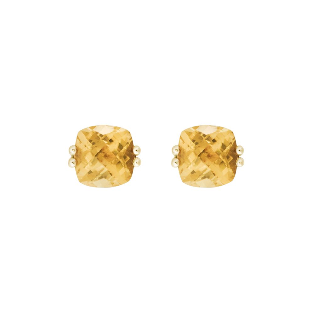 Checkerboard Cushion Citrine Earrings in Yellow Gold