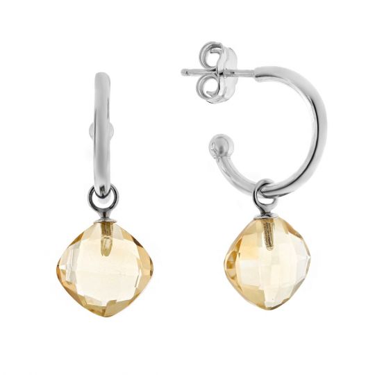 14k White Gold Checkerboard Square Citrine Drop Hoop Earrings 14k White Gold Checkerboard Square Citrine Drop Hoop Earrings