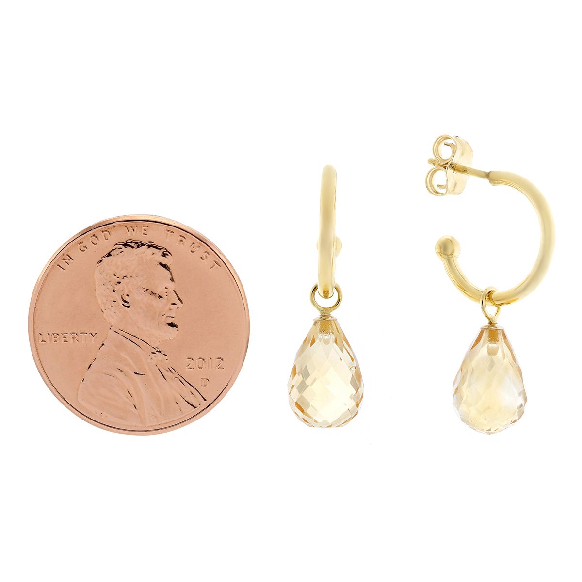 14K Yellow Gold Checkerboard Briolette Citrine Drop Hoop Earrings