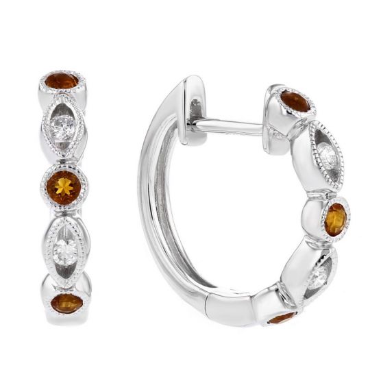14k White Gold Citrine Diamond Navette Station Hoop Earrings 14k White Gold Citrine Diamond Navette Station Hoop Earrings