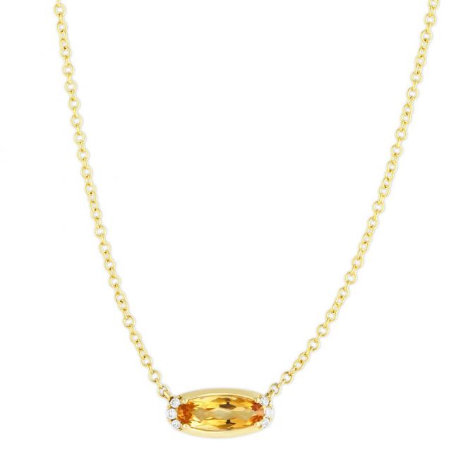 14K Yellow Gold East West Oval Checkerboard Citrine & Diamond Necklace, 18"