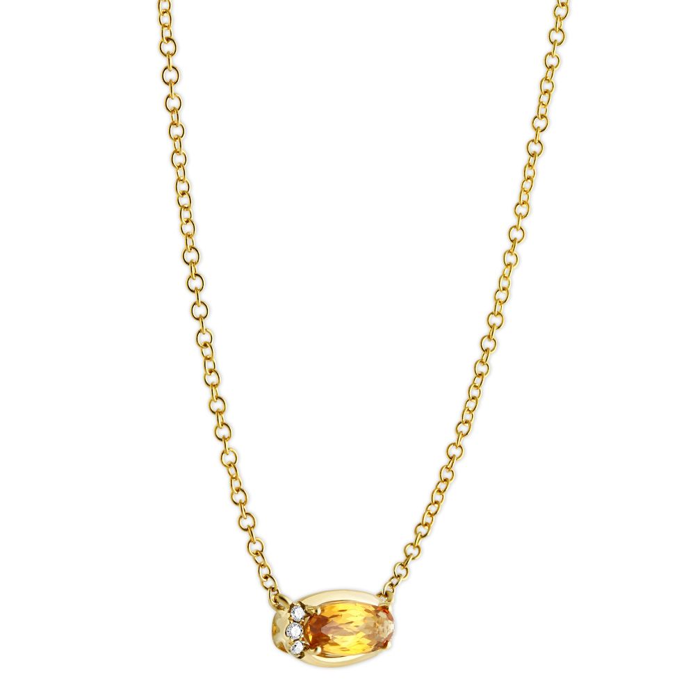 14K Yellow Gold East West Oval Checkerboard Citrine & Diamond Necklace, 18