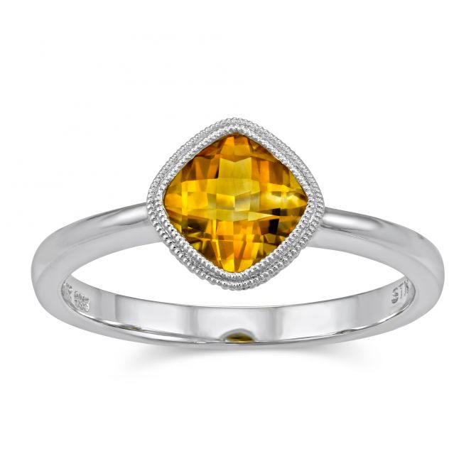 14K White Gold Cushion Checkerboard Citrine Bezel Set Ring