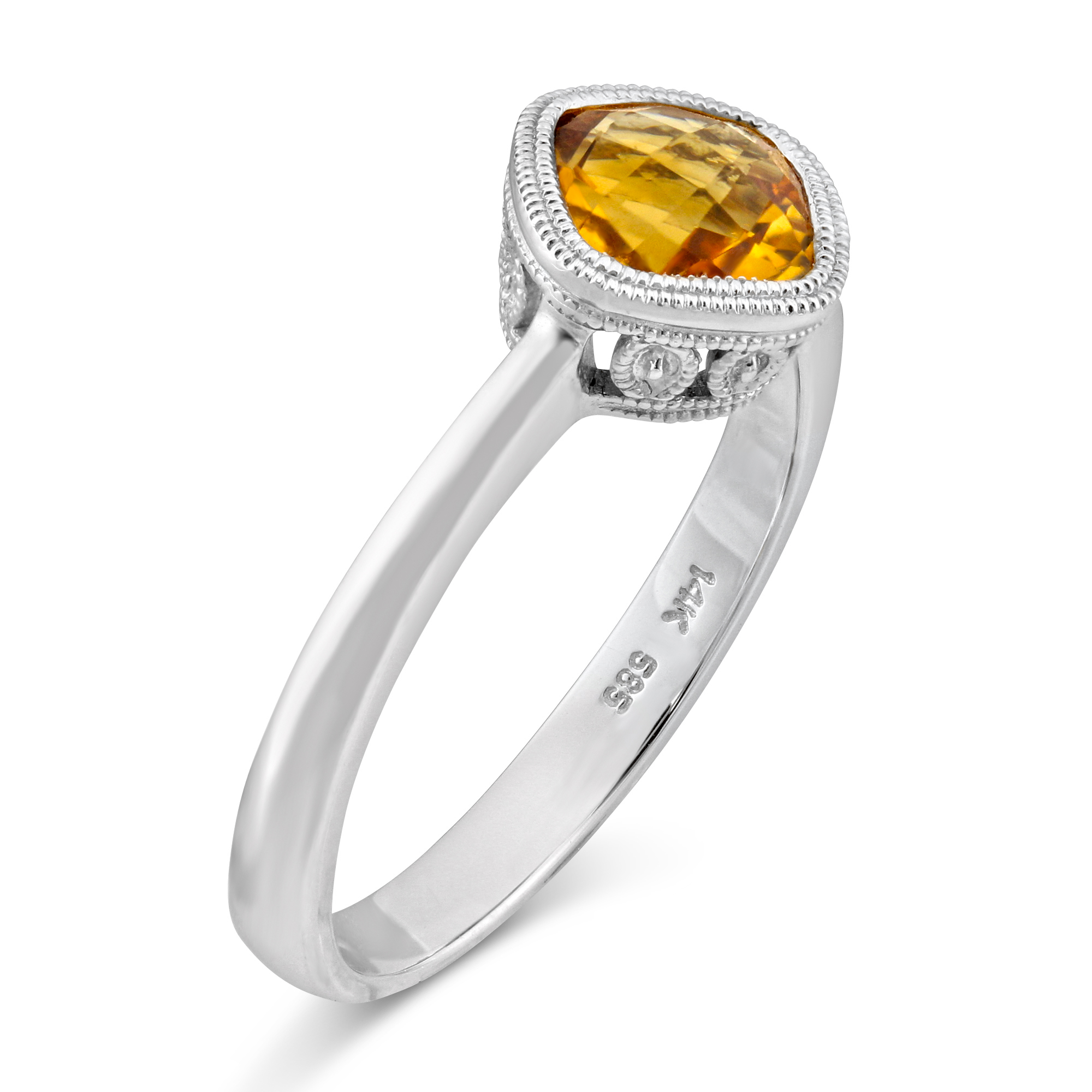 14K White Gold Cushion Checkerboard Citrine Bezel Set Ring