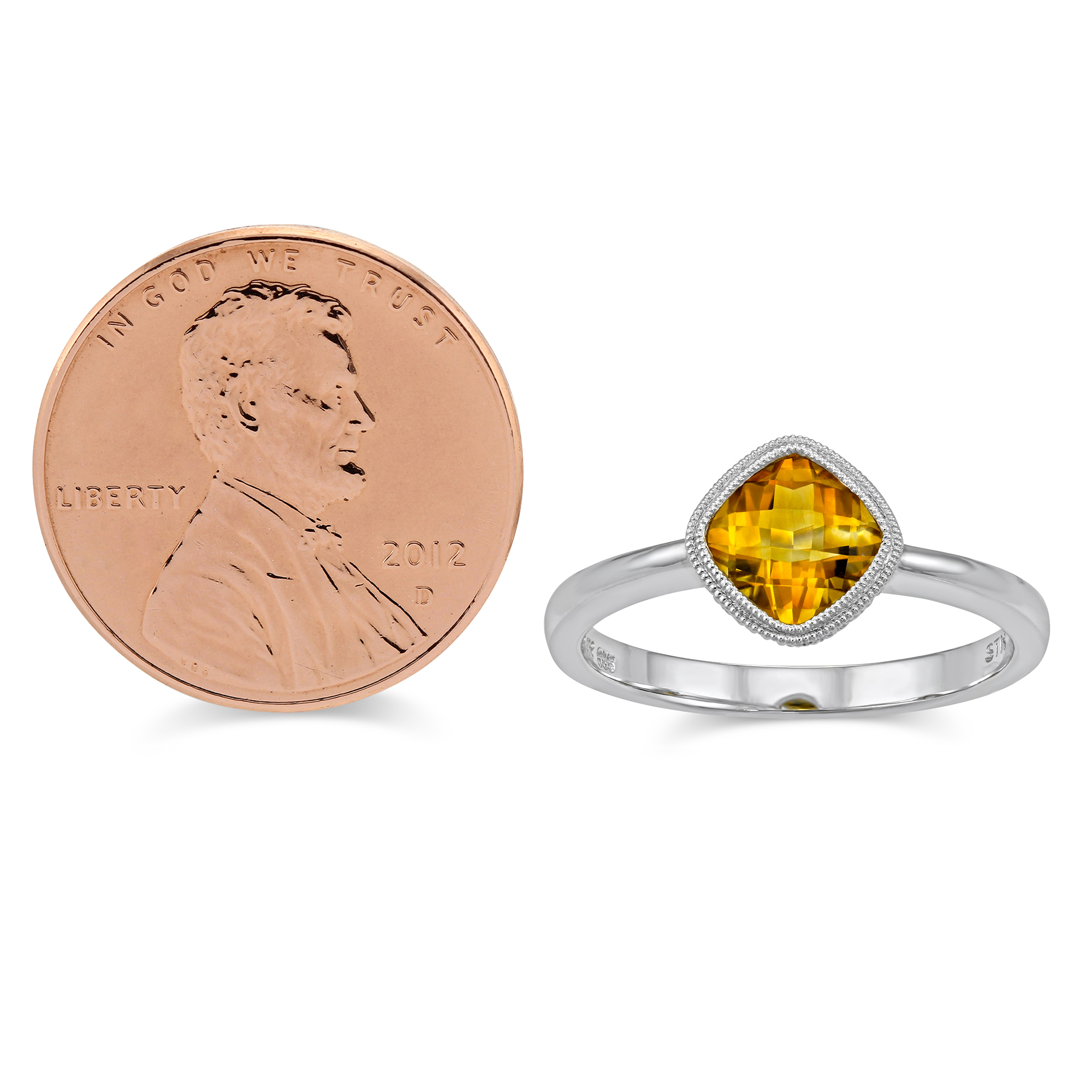 14K White Gold Cushion Checkerboard Citrine Bezel Set Ring