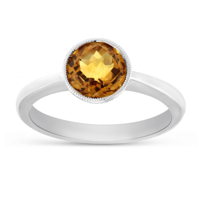 Round Checkerboard Faceted Citrine Ring in White Gold