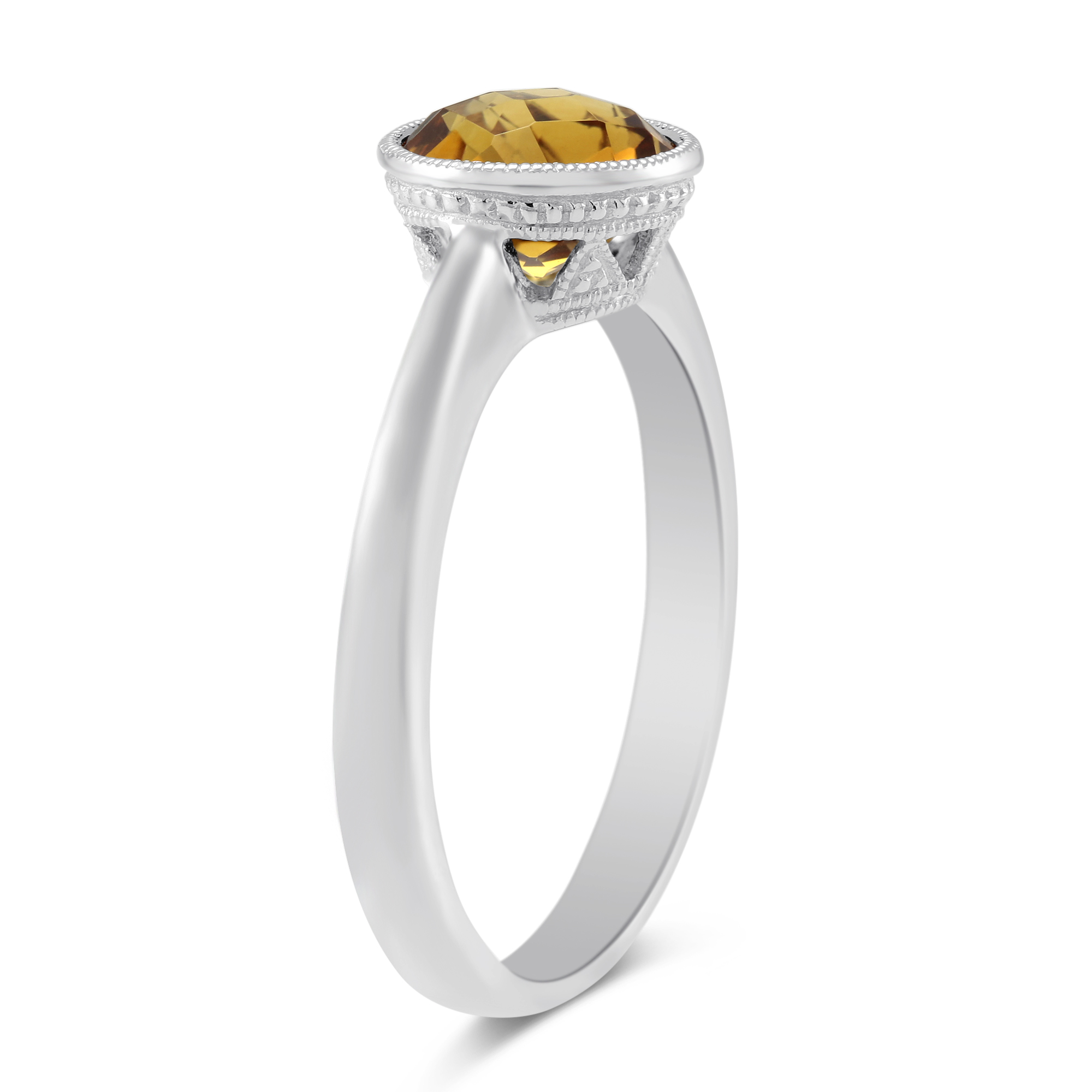 Round Checkerboard Faceted Citrine Ring in White Gold