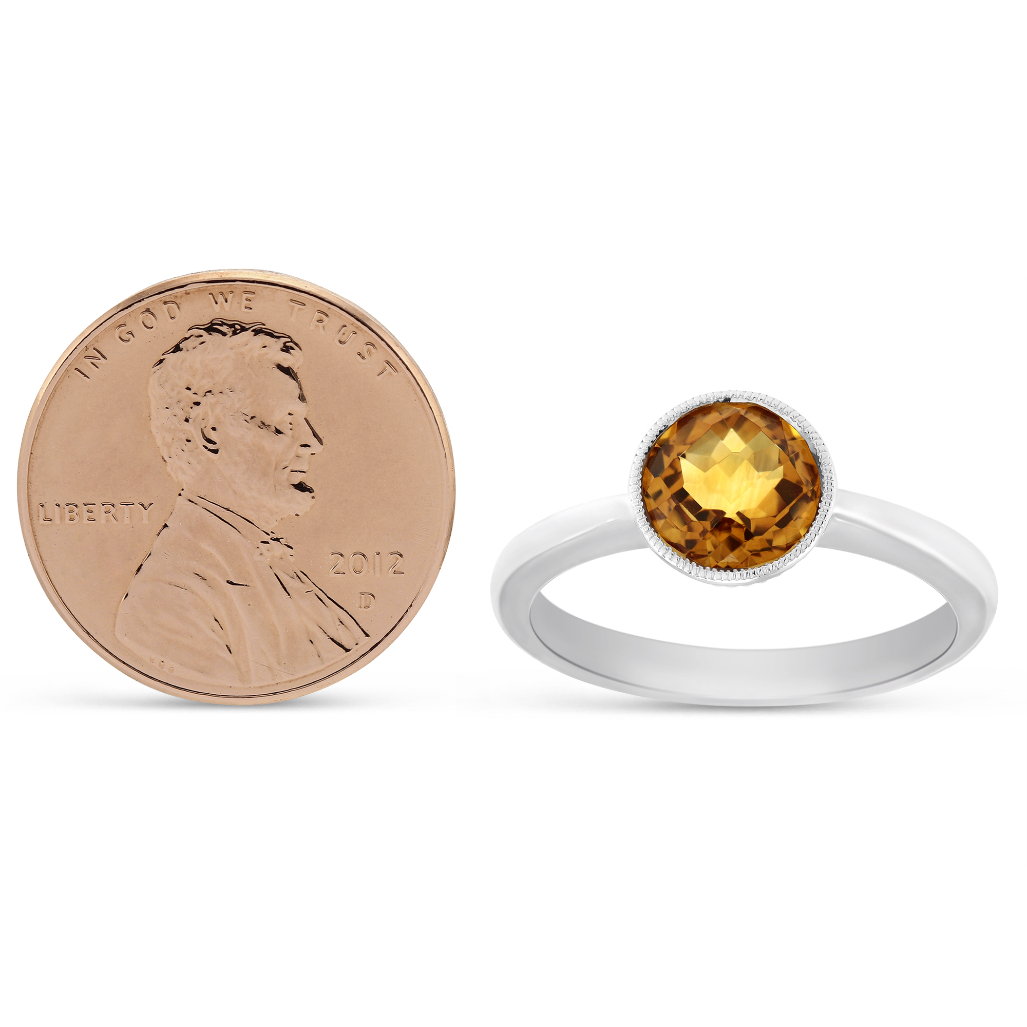 Round Checkerboard Faceted Citrine Ring in White Gold