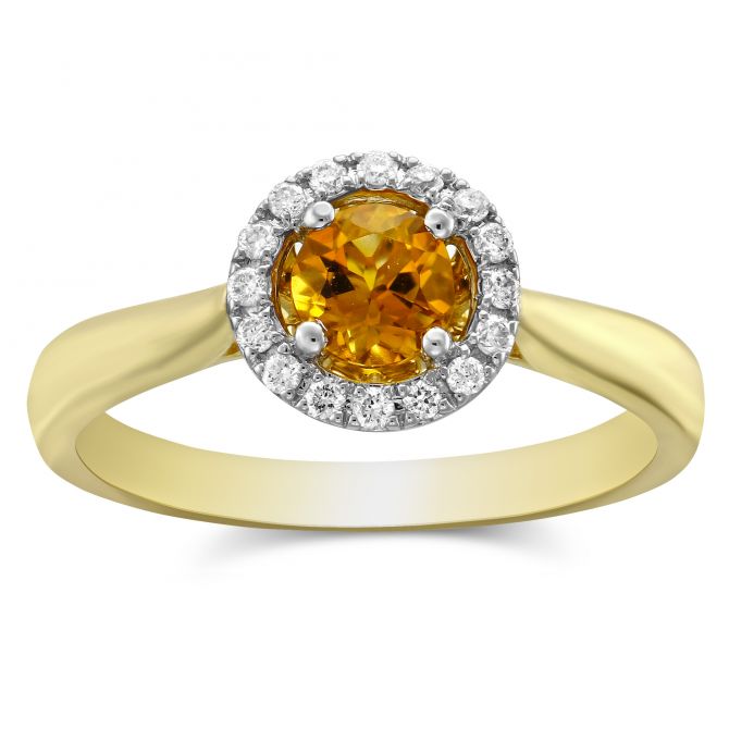 14K Yellow Gold Round Citrine & Diamond Halo Ring