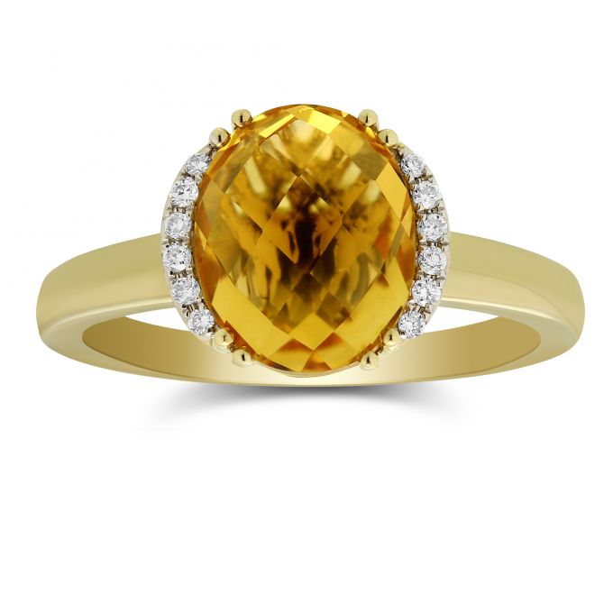 14K Yellow Gold Oval Checkerboard Citrine Diamond Ring