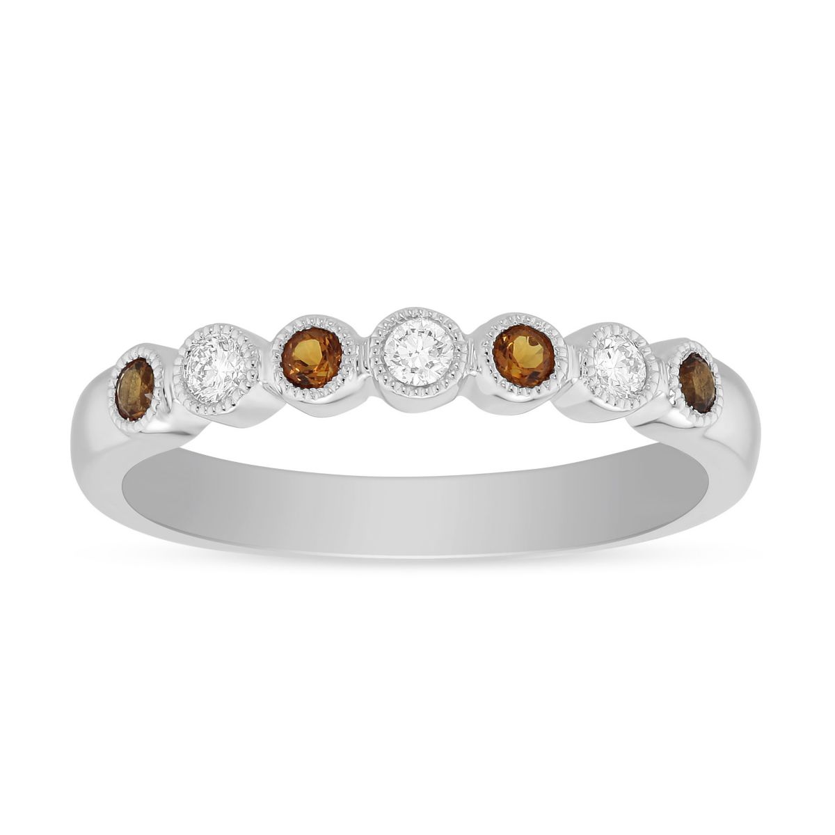 14K White Gold Round Citrine & Diamond Bezel Set Milgrain Ring