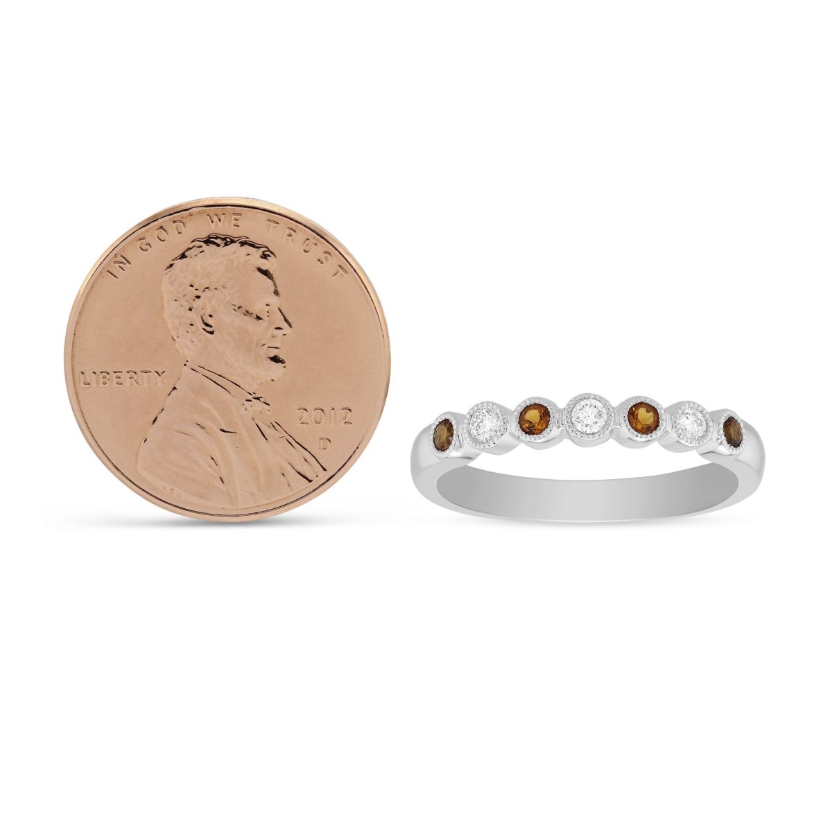 14K White Gold Round Citrine & Diamond Bezel Set Milgrain Ring