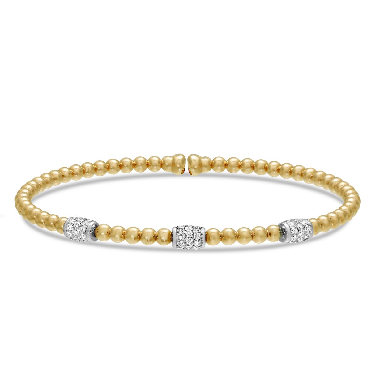 18K Yellow Gold Three Station Beaded Diamond Cuff Bracelet, 0.40cttw