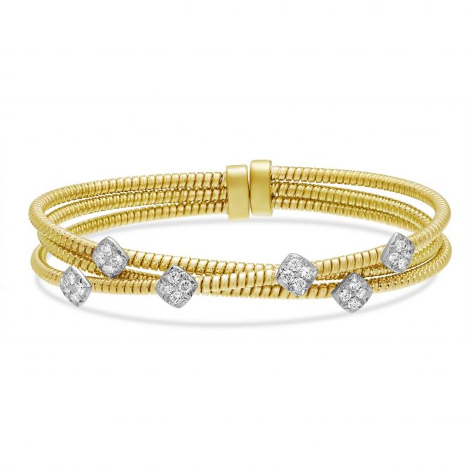 Pave Diamond Square Station & 3 Row Cuff Bracelet in Yellow Gold
