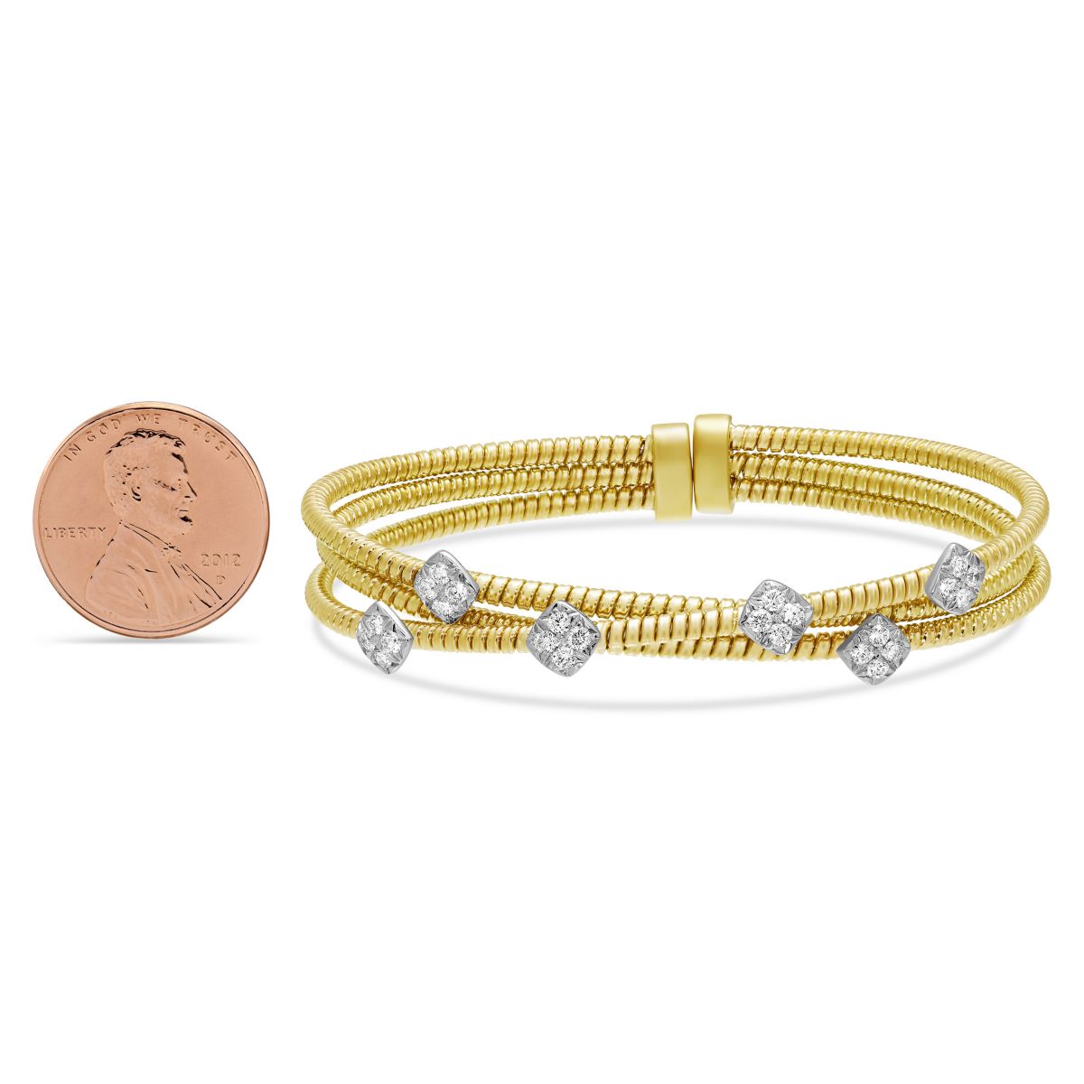 Pave Diamond Square Station & 3 Row Cuff Bracelet in Yellow Gold