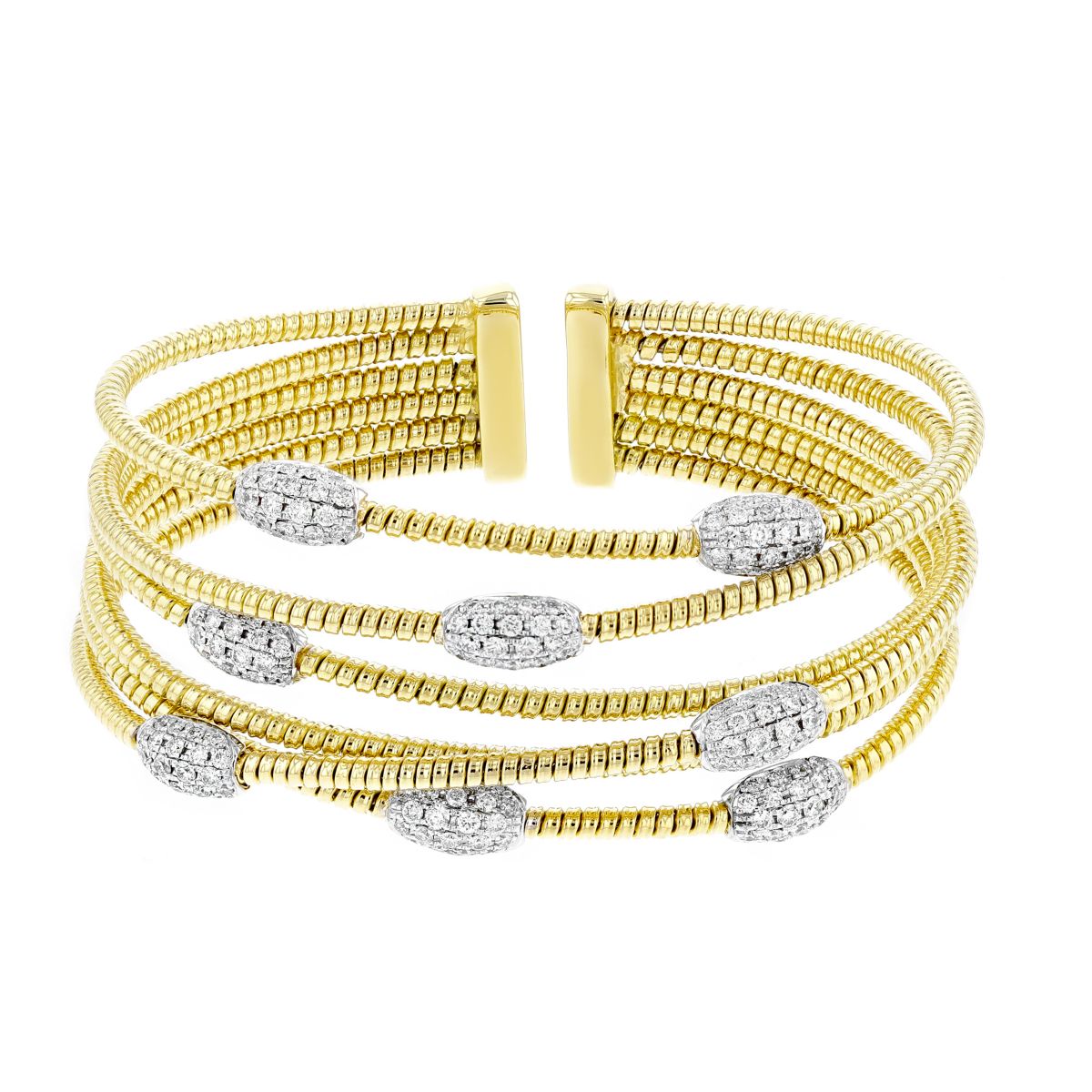 18K Yellow & White Gold Diamond 8 Cluster Crossover 6 Row Cuff Bracelet