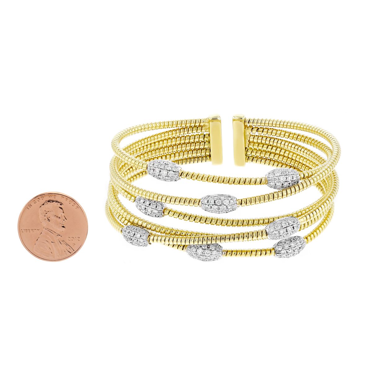 18K Yellow & White Gold Diamond 8 Cluster Crossover 6 Row Cuff Bracelet