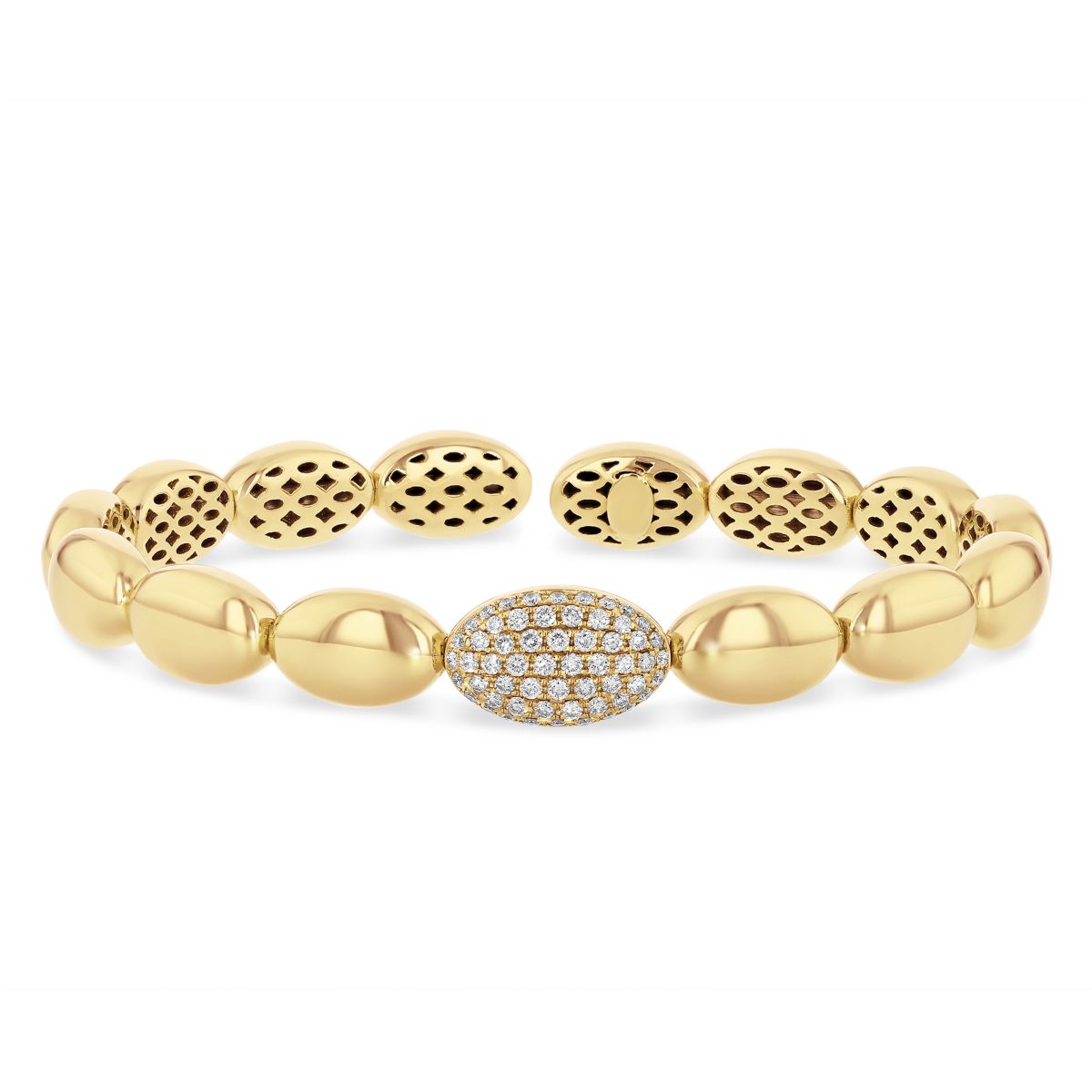 18K Yellow Gold Pave Diamond Station Oval Bubble Flexible Cuff Bracelet