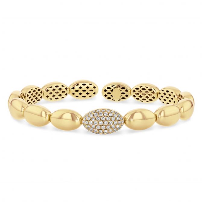 18K Yellow Gold Pave Diamond Station Oval Bubble Flexible Cuff Bracelet