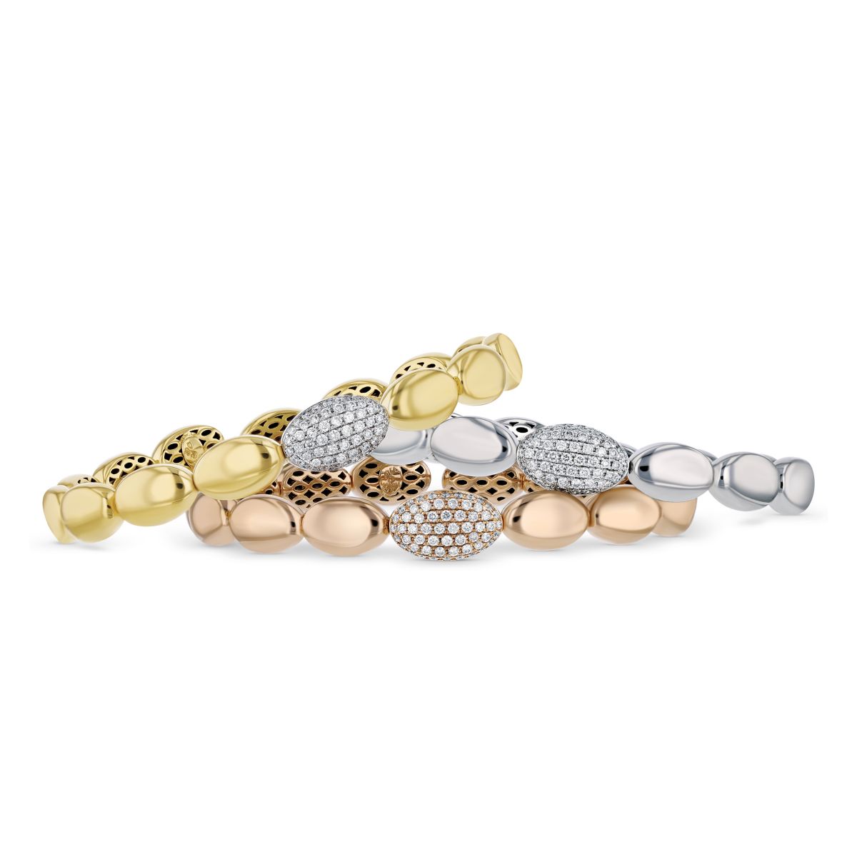 18K Yellow Gold Pave Diamond Station Oval Bubble Flexible Cuff Bracelet