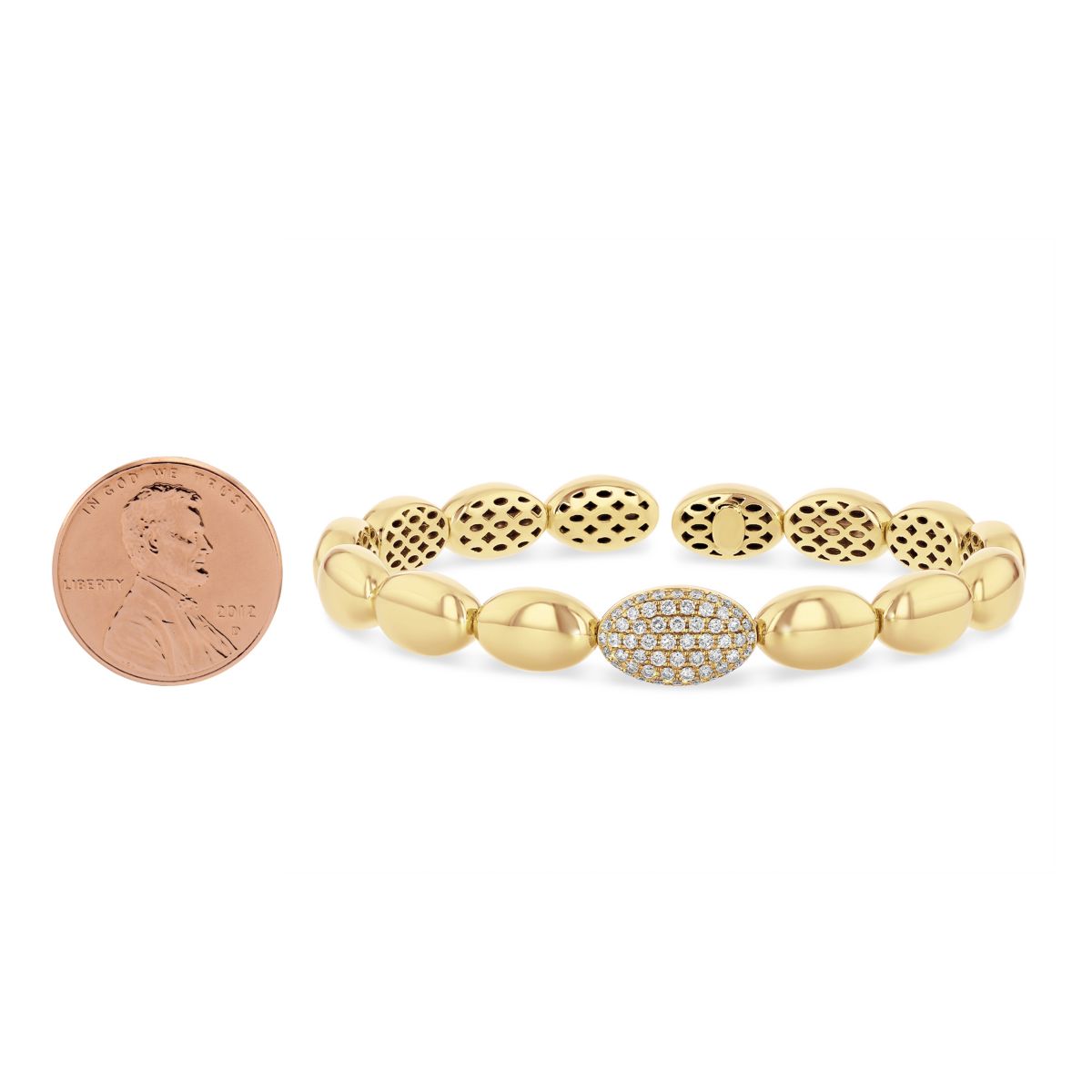 18K Yellow Gold Pave Diamond Station Oval Bubble Flexible Cuff Bracelet