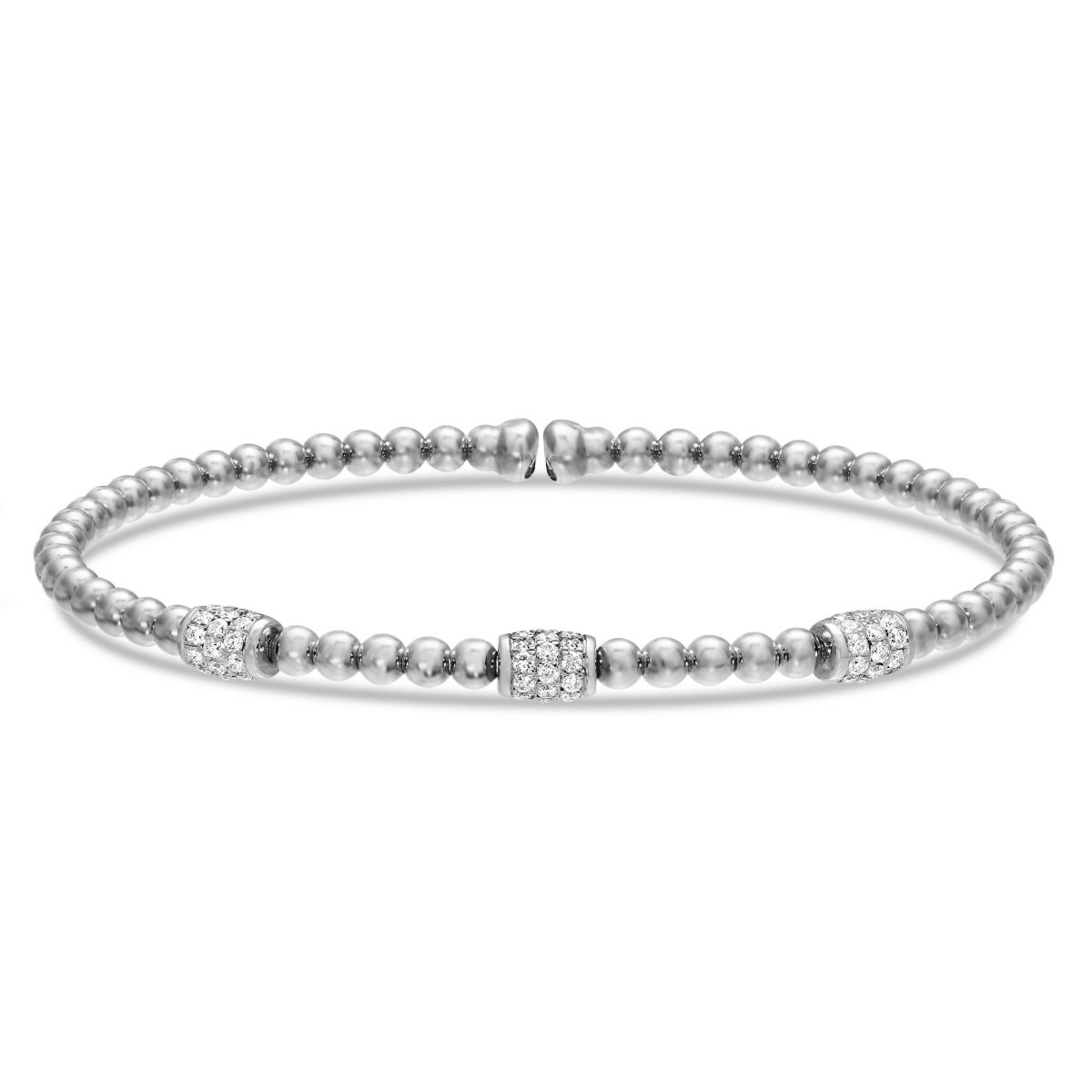 Diamond Pave Barrel 3 Station Beaded Cuff Bracelet in 18K White Gold