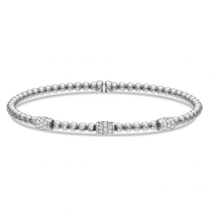 Diamond Pave Barrel 3 Station Beaded Cuff Bracelet in 18K White Gold