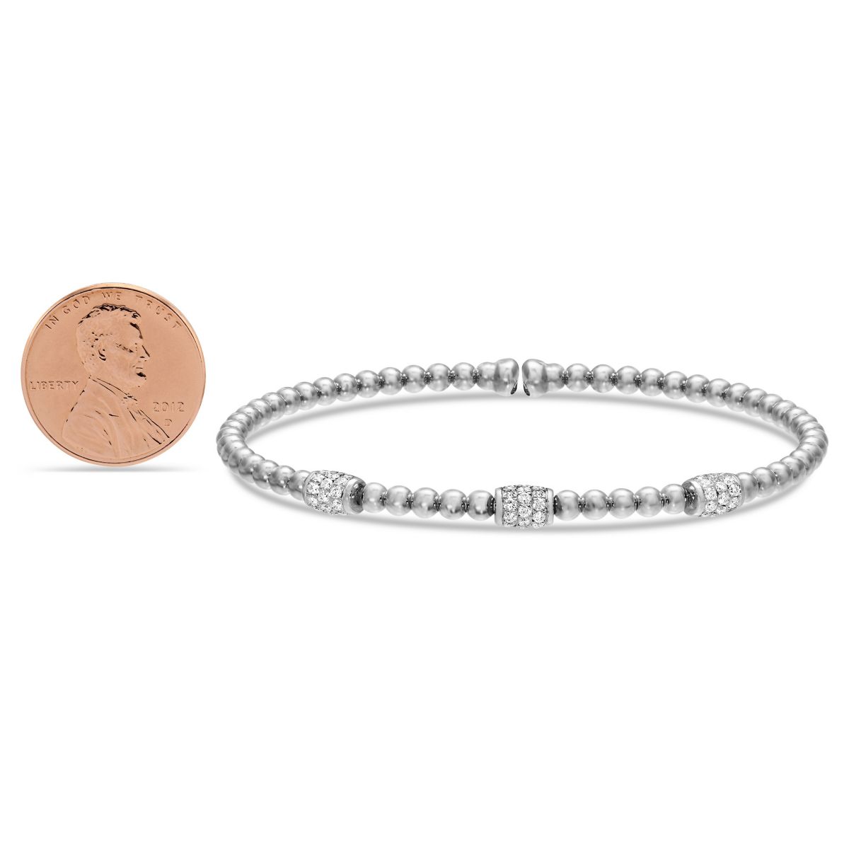 Diamond Pave Barrel 3 Station Beaded Cuff Bracelet in 18K White Gold