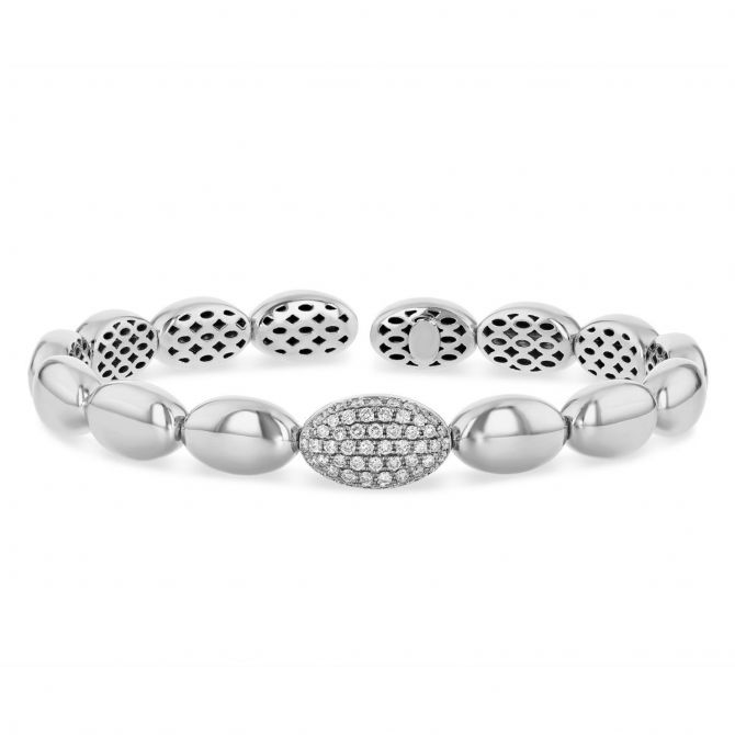 18K White Gold Pave Diamond Station Oval Bubble Flexible Cuff Bracelet