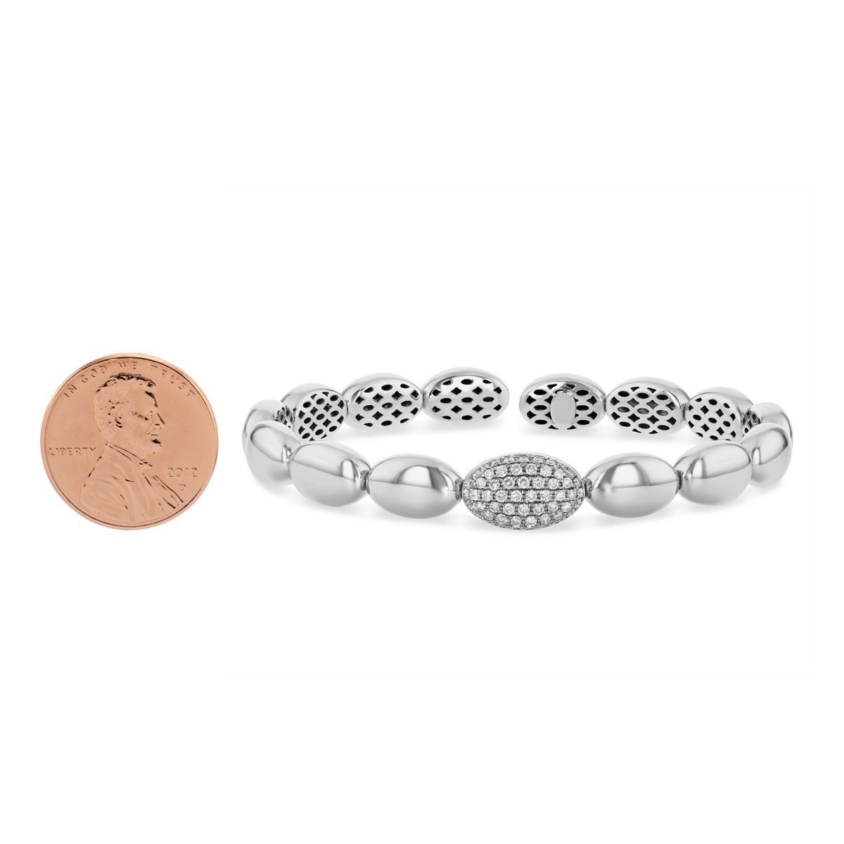 18K White Gold Pave Diamond Station Oval Bubble Flexible Cuff Bracelet