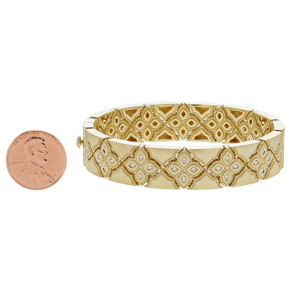 Roberto Coin Venetian Princess Narrow Yellow Gold Satin Finish Bangle Bracelet with Diamond Accent