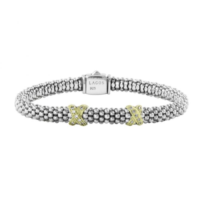 LAGOS Sterling Silver & 18K Yellow Gold Diamond Double Station X Bracelet, 7"