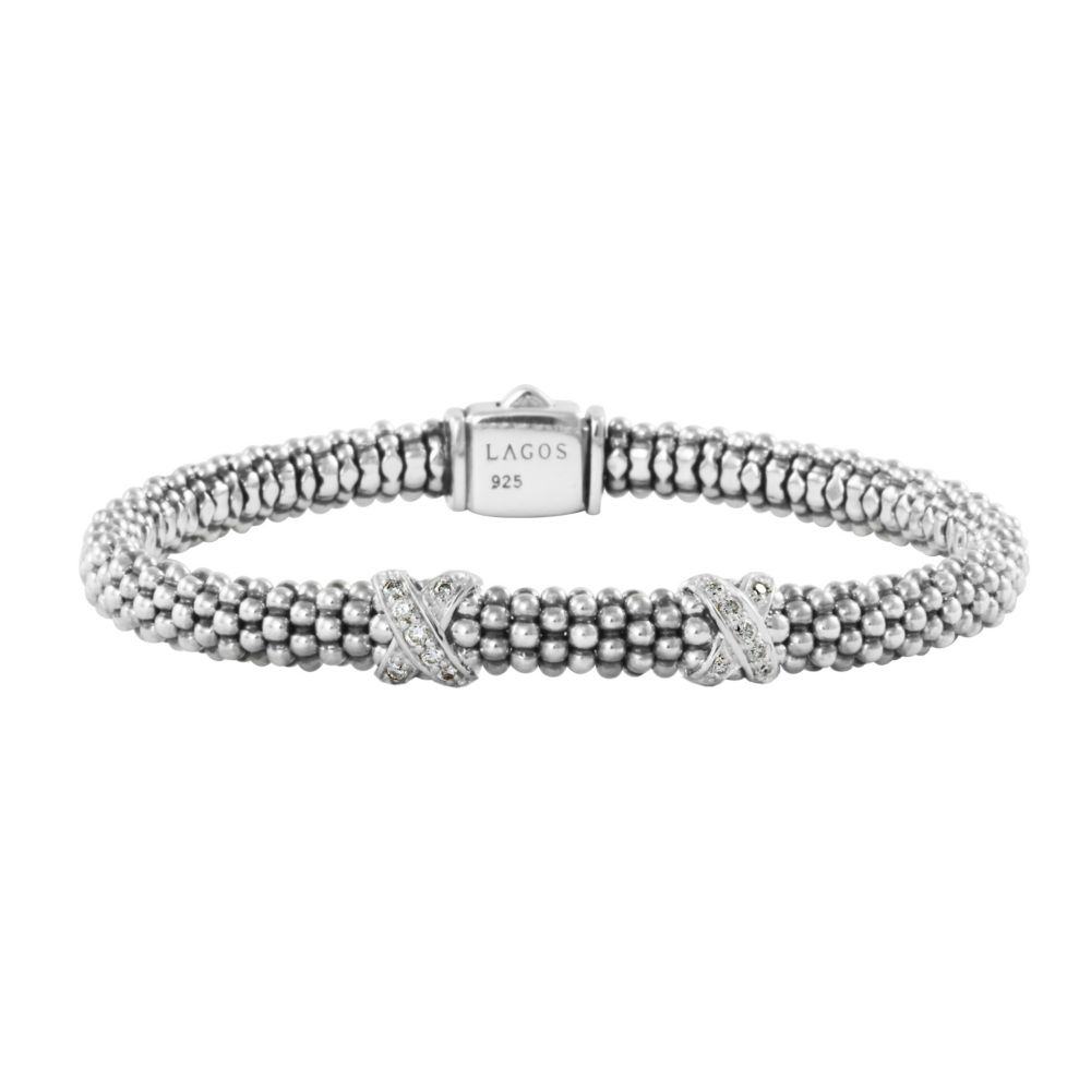 LAGOS Sterling Silver Diamonds & Caviar Double Station X Bracelet, 7