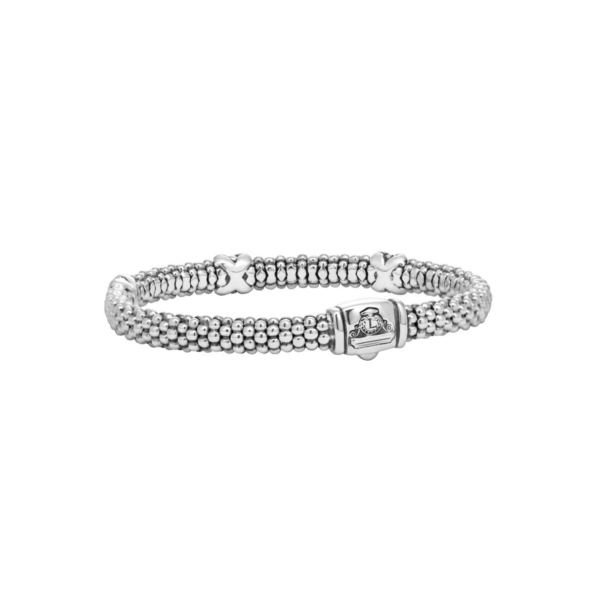 LAGOS Sterling Silver & 18K Yellow Gold 6mm Diamond X Station Caviar Bracelet, 7.5