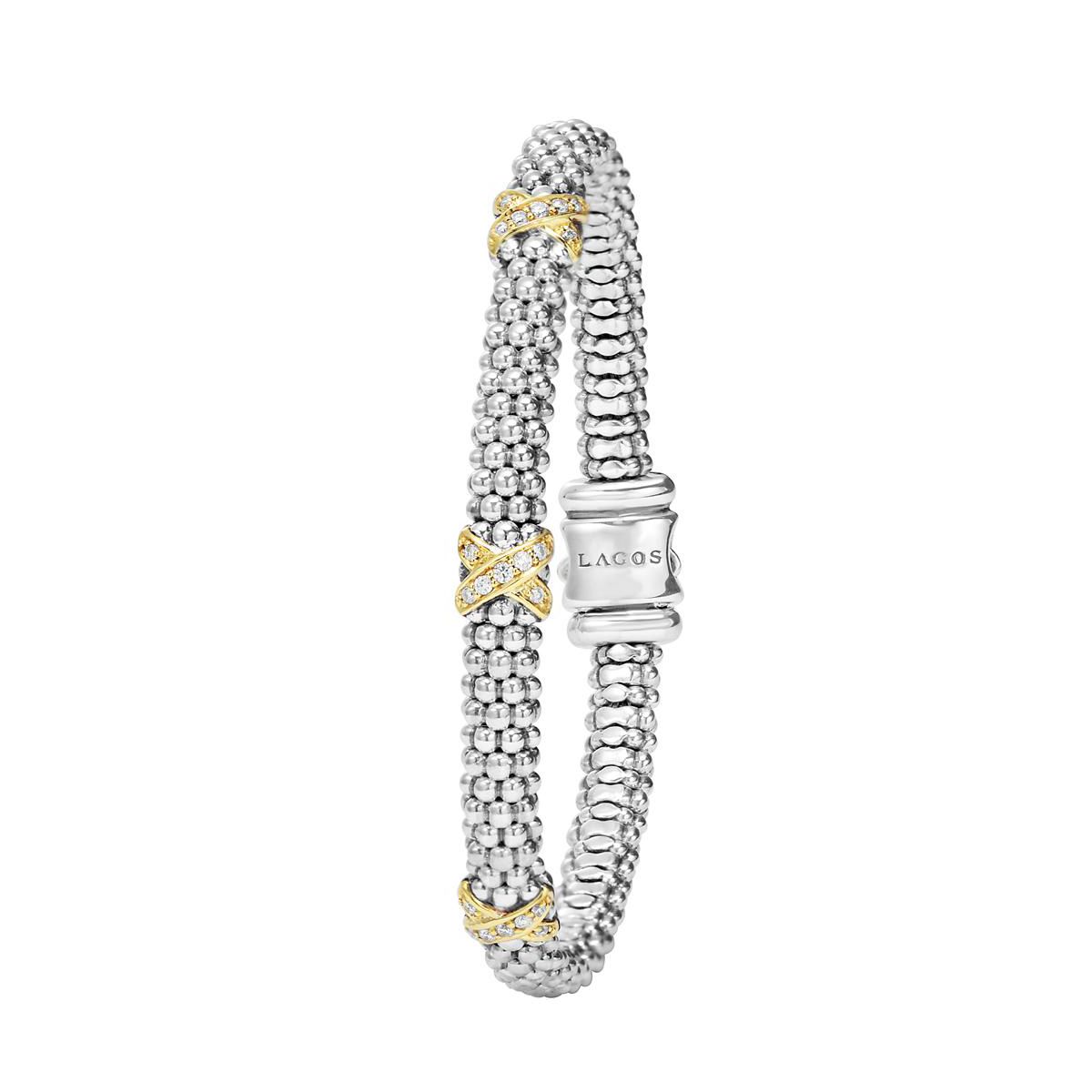 LAGOS Sterling Silver & 18K Yellow Gold 6mm Diamond X Station Caviar Bracelet, 7.5